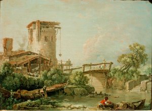 Landscape with Tower and Bridge by François Boucher